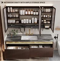 2026 OEM Ensemble de meubles de salle de bain style ferme en bois massif moderne, avec table complète, armoire de bureau, miroir LED argenté, et mobilier de salle à manger en cuivre