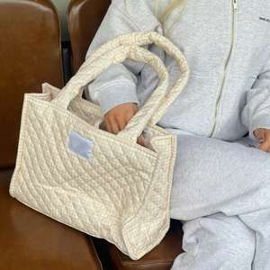 Custom Factory Cotton Quilted Beige Gingham Print Tote with Customized Luxury Beige Terry Inner Lining Soft Oversize Tote Bag - Product Image 5
