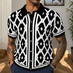 Premium hommes Cardigan nouveau Design simple boutonnage tricoté pull col rabattu motif à carreaux à manches courtes Premium sweat - Product Image 6
