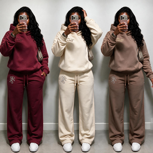 Ensemble de survêtement en molleton pour femmes, 2 pièces, sweat-shirt et <span class=keywords><strong>pantalon</strong></span> de survêtement, coupe ample, couleur unie, broderie personnalisée, pour boutique de vêtements en ligne - Product Image 2