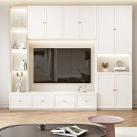 Mueble de TV Personalizado para Pared Completa, Consola Multimedia Blanca, Mueble de Entretenimiento para Sala de Estar con Estantes Abiertos y Cajones