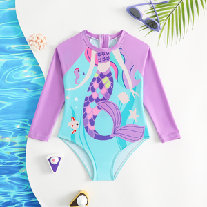 Trajes de Baño de una Pieza para Niñas, Traje de Baño Hawaiano de Manga Larga, Bonito Traje de Baño de <span class=keywords><strong>Sirena</strong></span> de Dibujos Animados, Camisetas de Playa para Surfear - Product Image 1
