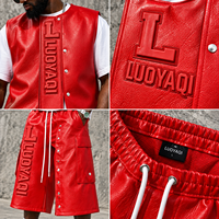 Ensemble streetwear personnalisé en cuir avec patchs, veste zippée, gilet, short et ensemble 2 pièces short en cuir et t-shirt sans manches pour homme
