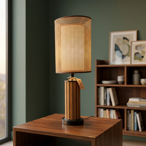 Lámpara de Mesa de Madera Estilo Mid-Century con Pantalla de Ratán Marrón Cilíndrica, LED Ra80, Luz Blanca Cálida, Decorativa para Dormitorio, E27 con Interruptor - Product Image 3