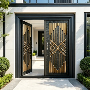 Portes extérieures modernes en alliage d'aluminium imperméable, portail double d'entrée de luxe en bronze gravé, anti-rouille, porte principale de villa - Product Image 3