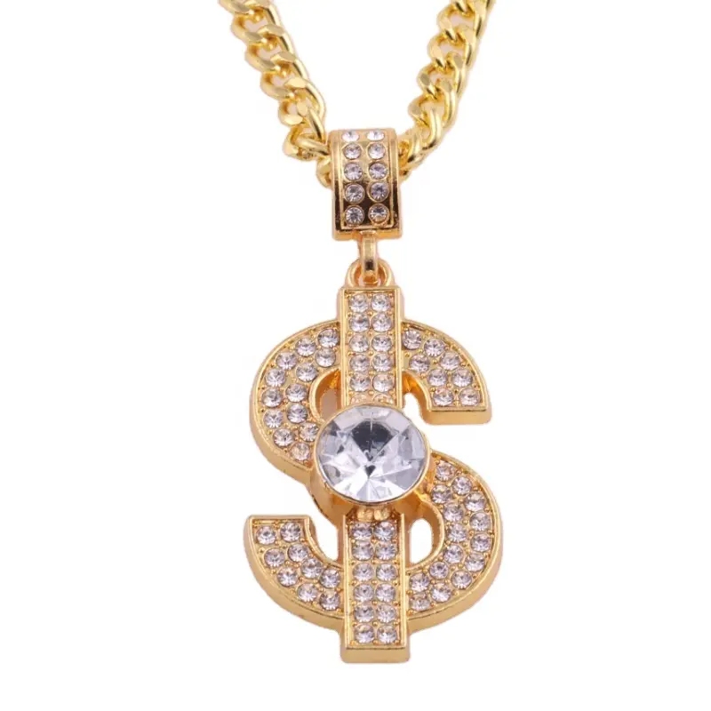 HipHop rapçi moda takı altın kaplama buzlu Out Hip Hop küba Link zinciri kolye para işareti dolar kolye