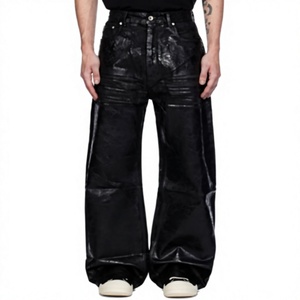 Jean en denim ciré pour homme, coupe large, taille mi-haute, couleur unie, en coton, décontracté, avec braguette boutonnée, en tissu tissé, grandes tailles - Product Image 1