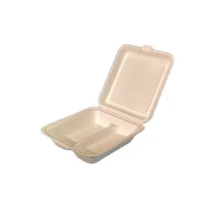 Bagazo de caña de azúcar 850ml Caja de hamburguesas 2 compartimentos Cena Almuerzo biodegradable Pfas Cajas de bagazo para llevar gratis