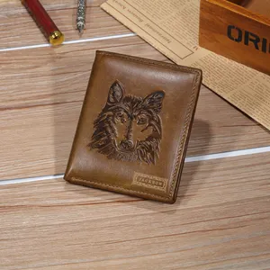 Factory Price Domineering Wolf Custom Text Business Wallet Personalized Genuine Leather Men Wallet