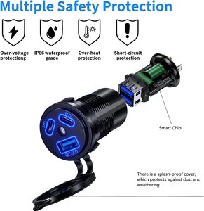 3 in 1 IP66 Waterproof 108W <b>Usb</b> Charger Car 12V <b>Usb</b> Outlet <b>Socket</b> <b>with</b> Dual PD and QC3.0 Port and ON-OFF Switch - Product Image 2
