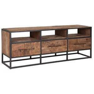 Meuble de salon industriel et vintage en métal et bois de manguier Meuble TV de divertissement avec 3 tiroirs - Product Image 1