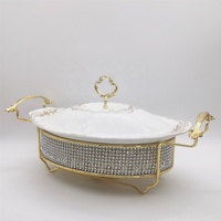 Plat de service de luxe en céramique 1,5L/2L avec incrustations de diamants, chauffe-plat de buffet en porcelaine avec couvercle pour mariages, hôtels et banquets
