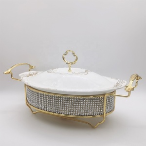 Plat de service de luxe en céramique 1,5L/2L avec incrustations de diamants, chauffe-plat de buffet en porcelaine avec couvercle pour mariages, hôtels et banquets - Product Image 5
