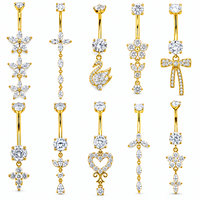 Anneaux de nombril en acier chirurgical 316L doré avec zircone cubique, bijoux de piercing de nombril pendantes, motifs Cygne, Fleur, Nœud, Cœur, Croix, bijoux corporels, vente en gros