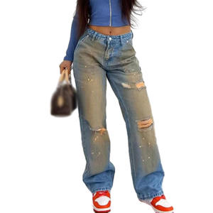 <span class=keywords><strong>Jeans</strong></span> décontracté<span class=keywords><strong>s</strong></span> pour femmes, taille haute, délavé<span class=keywords><strong>s</strong></span>, vintage, dégradé, trous, éclaboussures d'encre, jambe droite, tendance - Product Image 1