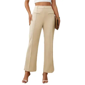 Office Lady Trousers Top-stitching Button Front Elegant Solid High Waist Slim Bootcut Leg Fashion Women's Pants