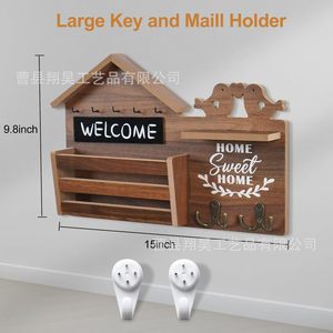 Wooden Mail And Key Organizer Wall Mounted Home Storage Rack For Living Room Entrance With <b>Hooks</b> And <b>Shelf</b> - Product Image 4