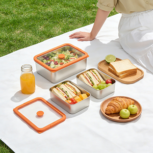 Stackable Leak Proof 3-Piece Set Modern Design Rectangle Stainless Steel Food Storage Container with Orange Glass Lid - Product Image 5