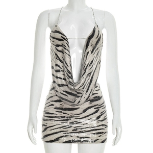 GHH12353- 2026 New Zebra Pattern <strong>Sequined</strong> Swinging Collar Open Back Top Tight Half Skirt <strong>Two</strong> <strong>Piece</strong> <strong>Set</strong> - Product Image 6