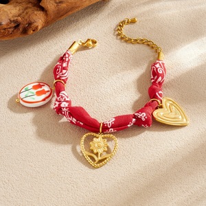 <b>Red</b> Fabric Printed Rope Chain Gold Plated Heart Flower Ceramic Pendant <b>Bracelet</b> Women's Everyday Wear - Product Image 2