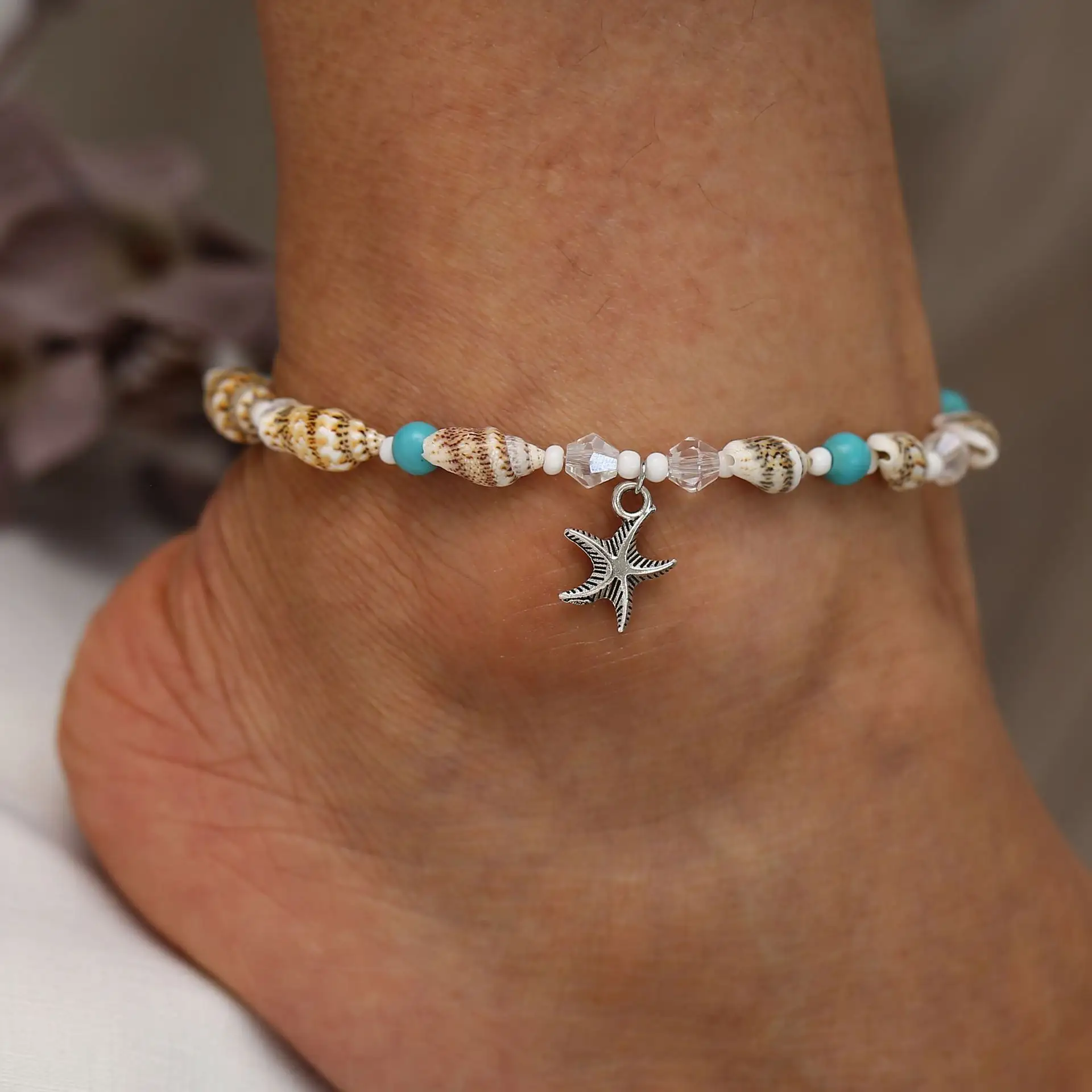 KISSWIFE 2024 New Conch Rice Beads Yoga Anklet Bracelet Beach Starfish Pendant Shell Crystal Beads Anklet Foot Charms