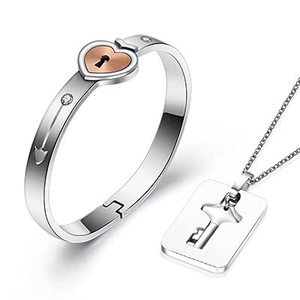 Couple <b>Love</b> Lock Stainless Steel <b>Bracelet</b> And Necklace Set With Key Pendant Unisex Gift Jewelry - Product Image 1