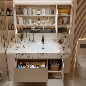 Modern smart beige bathroom vanity with marble sintered stone top and LED smart mirror cabinet - Product Image 2