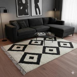 Alfombra de lana anudada a mano, alfombra geométrica blanca y negra, alfombra de pelo alto hecha a mano, alfombra moderna para decoración del hogar - Product Image 1