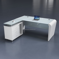 Bureau de Direction Exécutif en Verre Moderne en L Blanc, Meuble de Bureau Pas Cher pour Cadre PDG