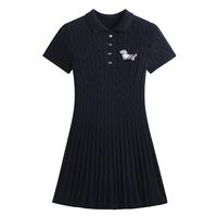 Elegantes Nautisches Matrosenkragen-Strickkleid für Damen Marineblau Gestreifter Besatz Schleife Kurzarm Figurbetont Ausgestellter Saum Preppy Strickkleid
