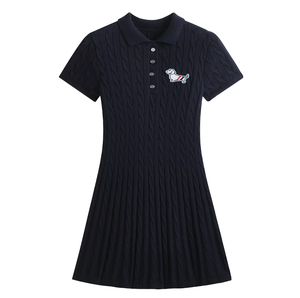 Elegante Abito Mini in Maglia con Colletto alla Marinara, da Donna, Blu Navy con Finiture <span class=keywords><strong>a</strong></span> Righe, Fiocco, Maniche Corte, Vestibilità Slim, Orlo Svasato, Stile Preppy - Product Image 1