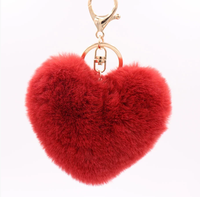 Porte-clés en peluche en forme de cœur rouge à la mode pour les couples, imitation fourrure de raton laveur, boule de fourrure de lapin, pendentif pour sac