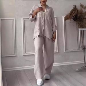 Großhandel Damen Casual <span class=keywords><strong>2</strong></span>-teiliges Set Frühling Herbst Langarmhemd Breites Bein Hosen Set New Fashion V-Ausschnitt Plus Size 5XL Set - Product Image 5