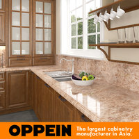 Pour OPPEIN Armoires de cuisine en bois massif modulaires modernes Stratifié en marbre 5 ans MDF E1 Standard Meubles en bois Rangement de cuisine