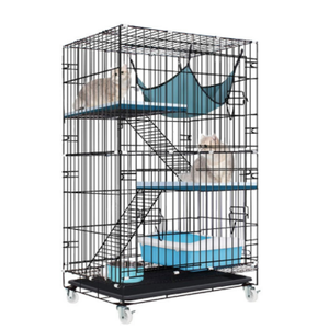 Plateformes et rampes pliables de luxe simples à 2 niveaux pour cage à chat, 73 cm, 2 portes, plateau coulissant, 4 roulettes, en métal massif, noir, blanc, bleu, boîte - Product Image 3