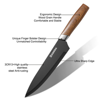 Ensemble de 7 couteaux de chef en acier inoxydable avec revêtement noir, manche en bois grainé, logo personnalisé, étiquette privée, vente en gros