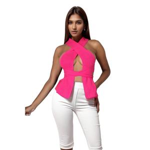 Crop top sexy sans manches à lacets et découpes, couleur unie, pour femme, idéal pour les sorties en club, vente en gros à prix abordable, tendance - Product Image 1