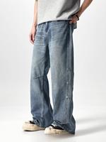 Jeans amples en denim délavé vintage imprimé pour hommes, vente en gros ODM