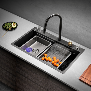 Lavello da Cucina Moderno Nodma in Acciaio Inox, Vasca Singola Rettangolare Grande con Rubinetto a Cascata, Filtro, Rivestimento Nano e Finitura Satinata - Product Image 1