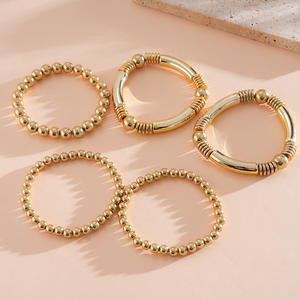 Juego de 5 Pulseras Elásticas con Cuentas Redondas para Mujer, Textura Metálica, Accesorios de Mano Elegantes, Pulseras Apilables a la Moda - Product Image 5