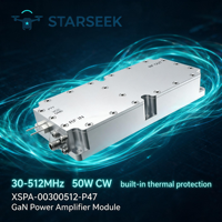 Module amplificateur large bande GaN STARSEEK 30-512 MHz 50 W, 130*58*22 mm, gain 47 dBm, 28 V, fixation par vis pour équipement anti-drone