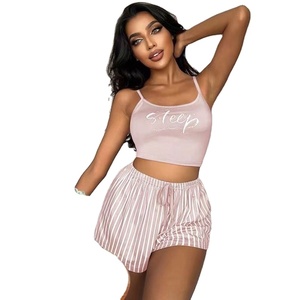 Nouvel ensemble short à cordon pour femme, imprimé lettres et rayures, vêtements d'intérieur pour femme pouvant être portés à l'extérieur - Product Image 5