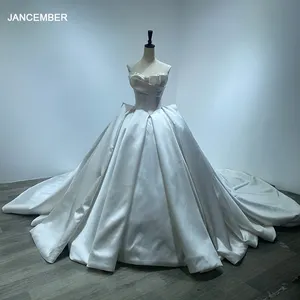 Precioso vestido de novia sin tirantes sin mangas de tela satinada plisado vestido de baile vestidos de novia para mujer Wm19