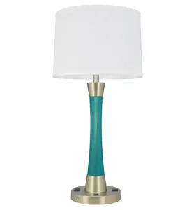 モダンな青い樹脂ランプ寝室の読書灯USB & コンセント付きニッケルテーブルランプ