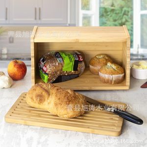 Boîte de rangement pour pain en bambou avec trancheuse, couleur bois naturel, organisateur de cuisine de bureau pour toasts et pâtisseries - Product Image 1