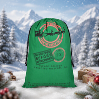 Sac de Noël vintage vert en coton avec cordon de serrage, motif renne, pour cadeaux et livraison express