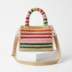 Bolso de Hombro de Rafia para Mujer, Estilo Bohemio a Rayas, con Flores, para Uso Diario de Verano, con Dos Asas y Cierre de Cremallera - Product Image 6