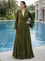 Abaya plissée à ouverture frontale pour femmes, 100% polyester |   Cardigan long modeste à col revers et manches évasées 145cm