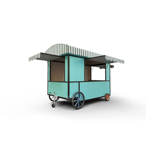 Chariot de café mobile bleu rafraîchissant d'inspiration vintage avec fenêtres au plafond et auvent classique, conçu pour les magasins de crème glacée et de café - Product Image 5