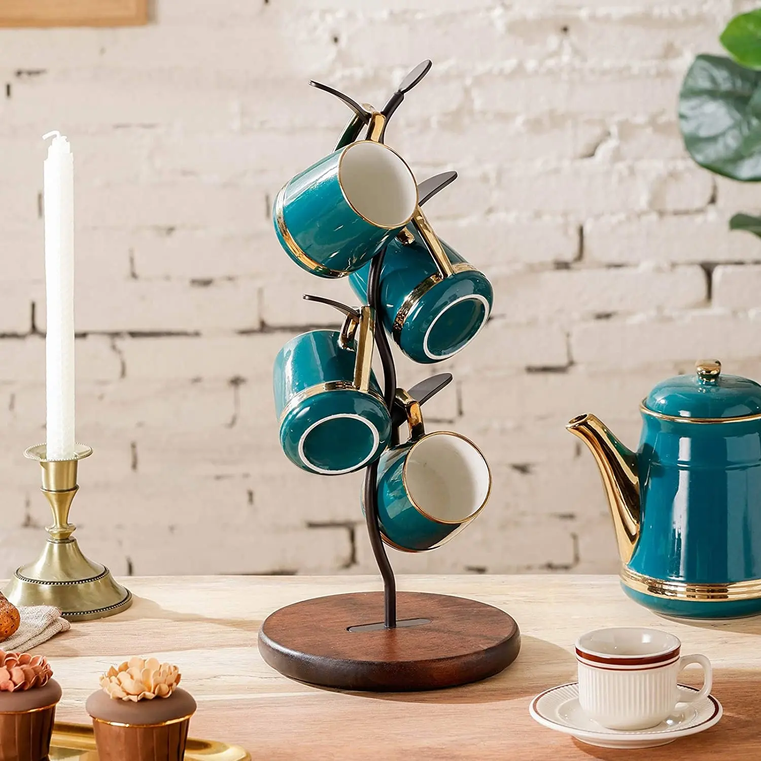 Mug Holder Coffee Cup Stand Counter top Mug Tree Shape Attractive Design Metal Holder Wooden Base Cup Stand Holder Kitchen